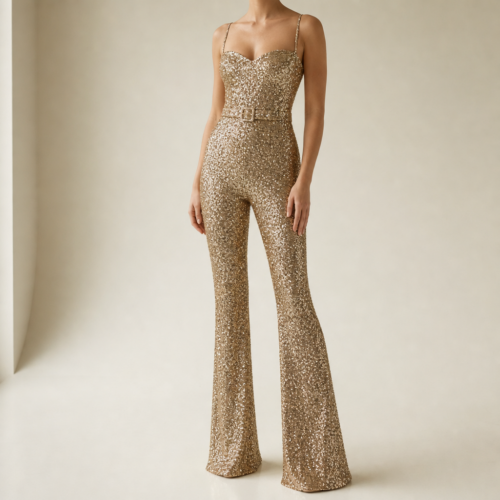 Gemma Golden Sequin Flare Jumpsuit