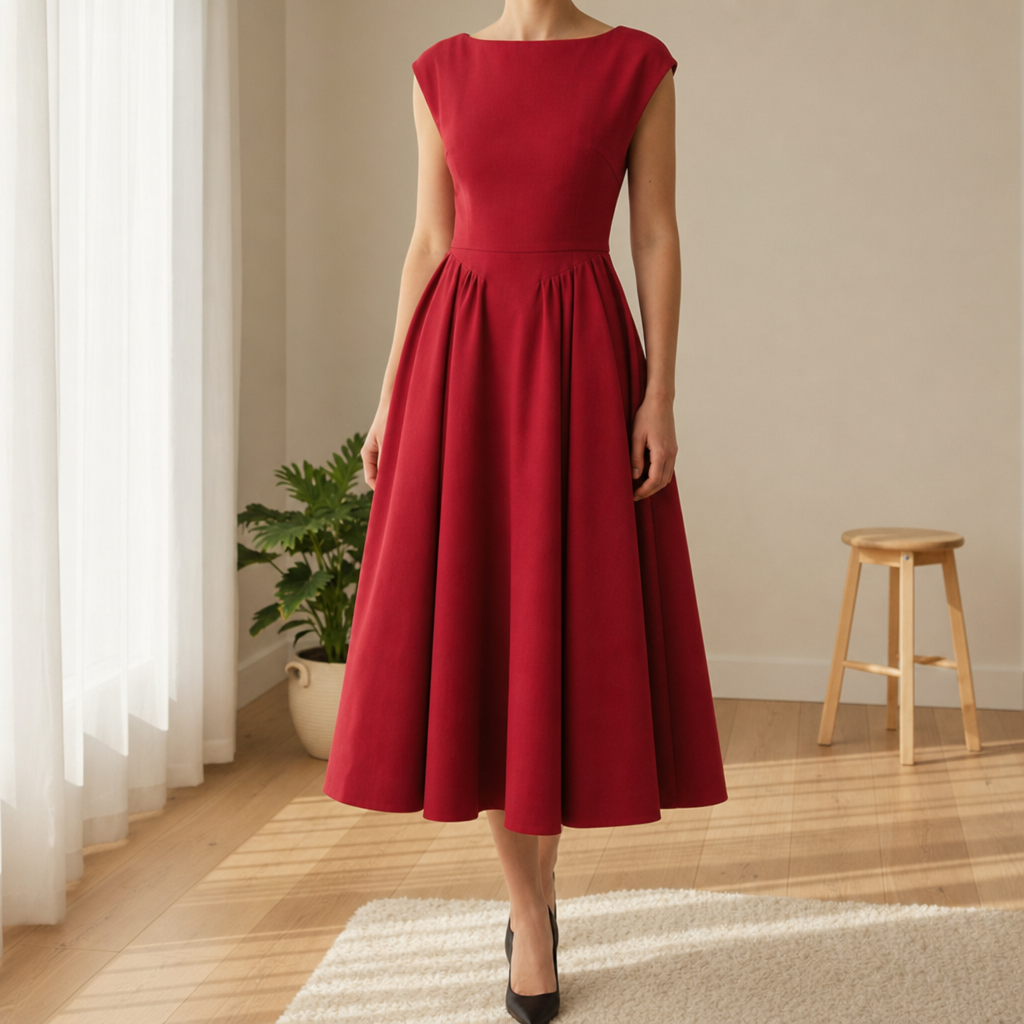 Livia Pleated A-Line Midi Dress with Boat Neck