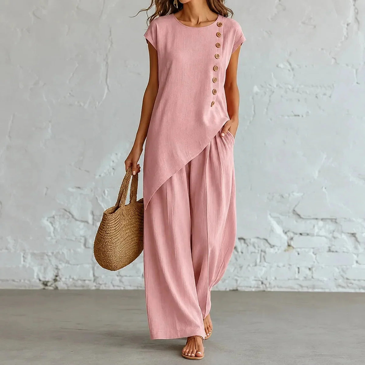 Joelle Asymmetric Tunic and Wide Leg Linen Pants Set