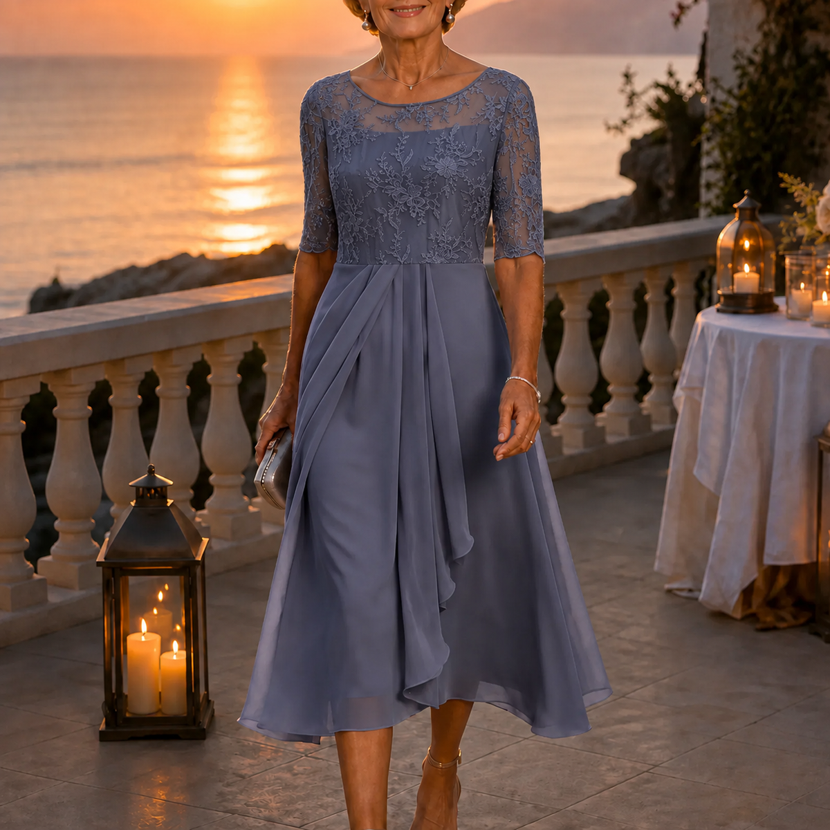 Amara Romantic Lace Bodice Midi Dress for Weddings