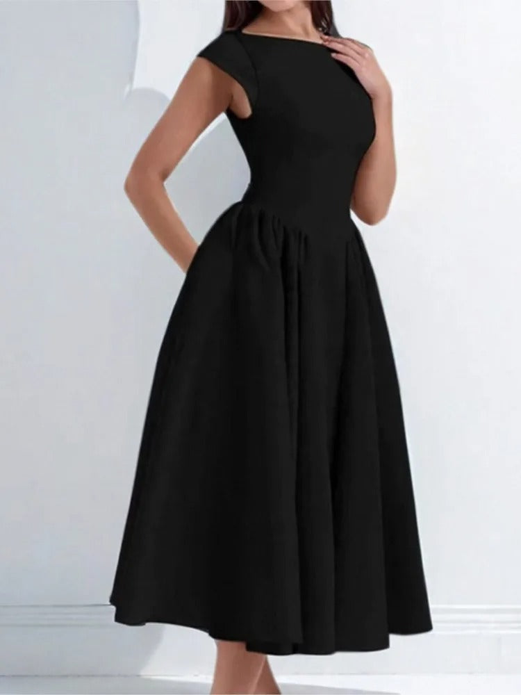 Audrey Classic Satin Full Skirt Midi Dress