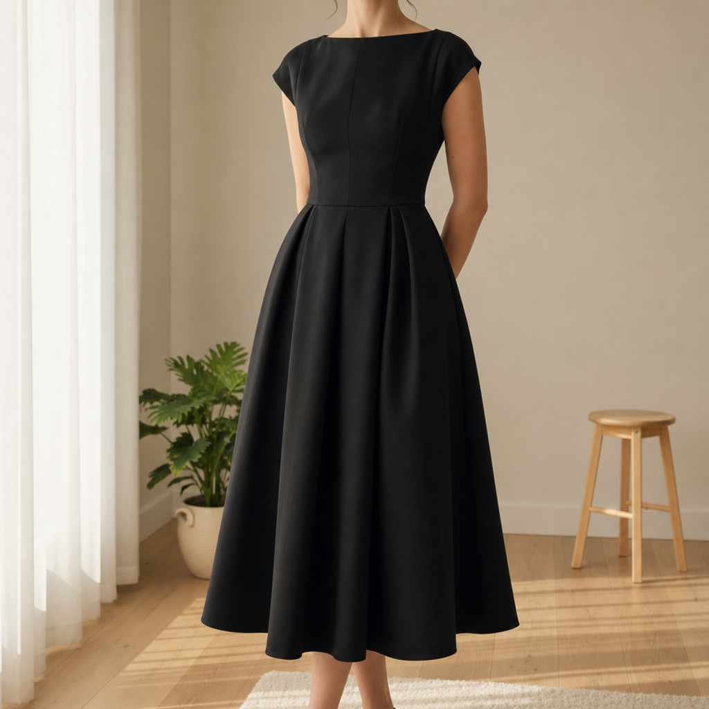 Livia Pleated A-Line Midi Dress with Boat Neck