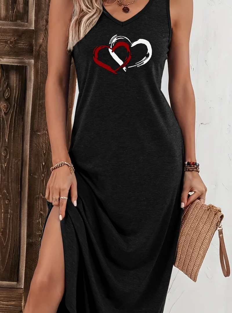 Rumi Casual Sleeveless Maxi Dress with Heart Print
