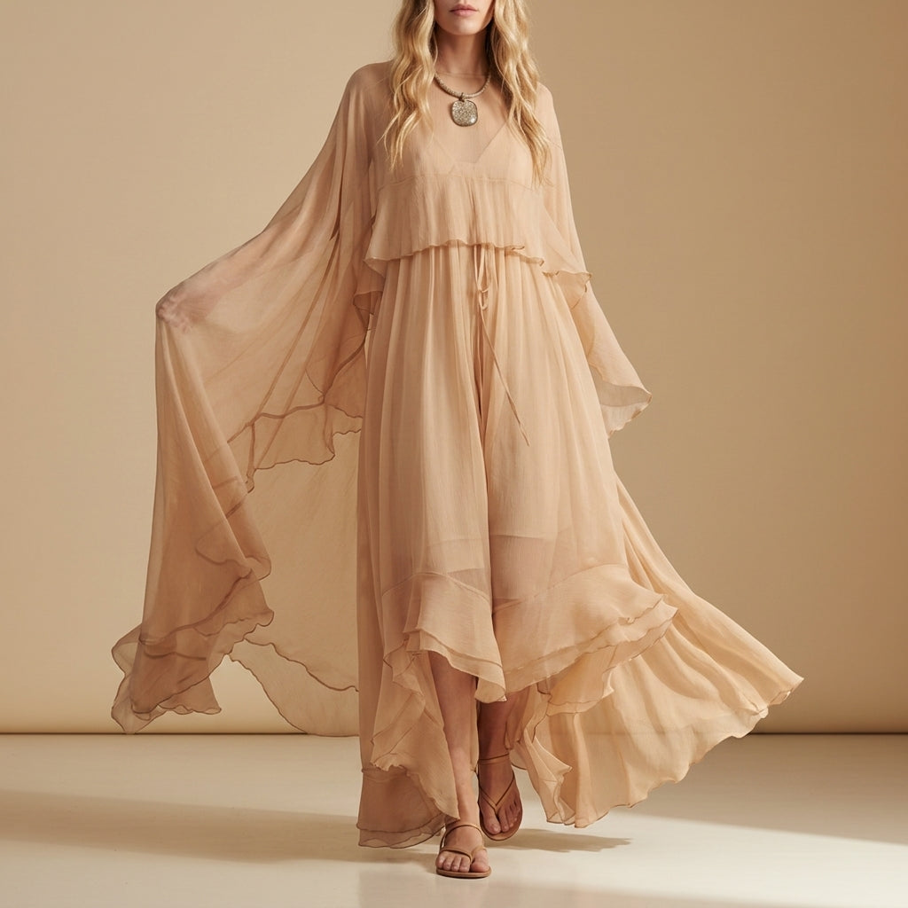 Coralie Airy Chiffon Cape Maxi Dress