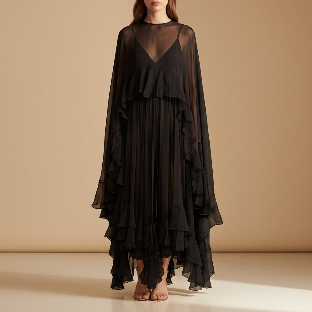 Coralie Airy Chiffon Cape Maxi Dress