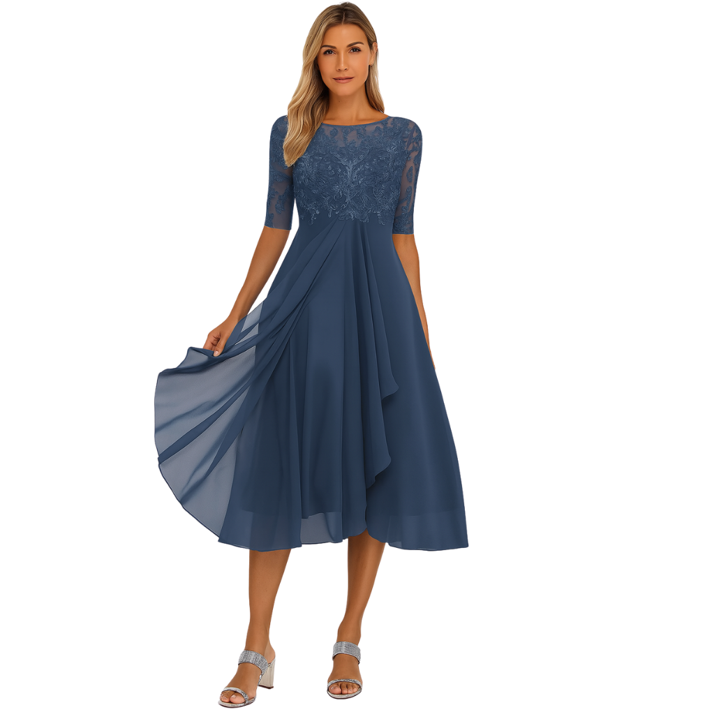 Elise Graceful Lace Bodice Midi Dress with Flowing Skirt