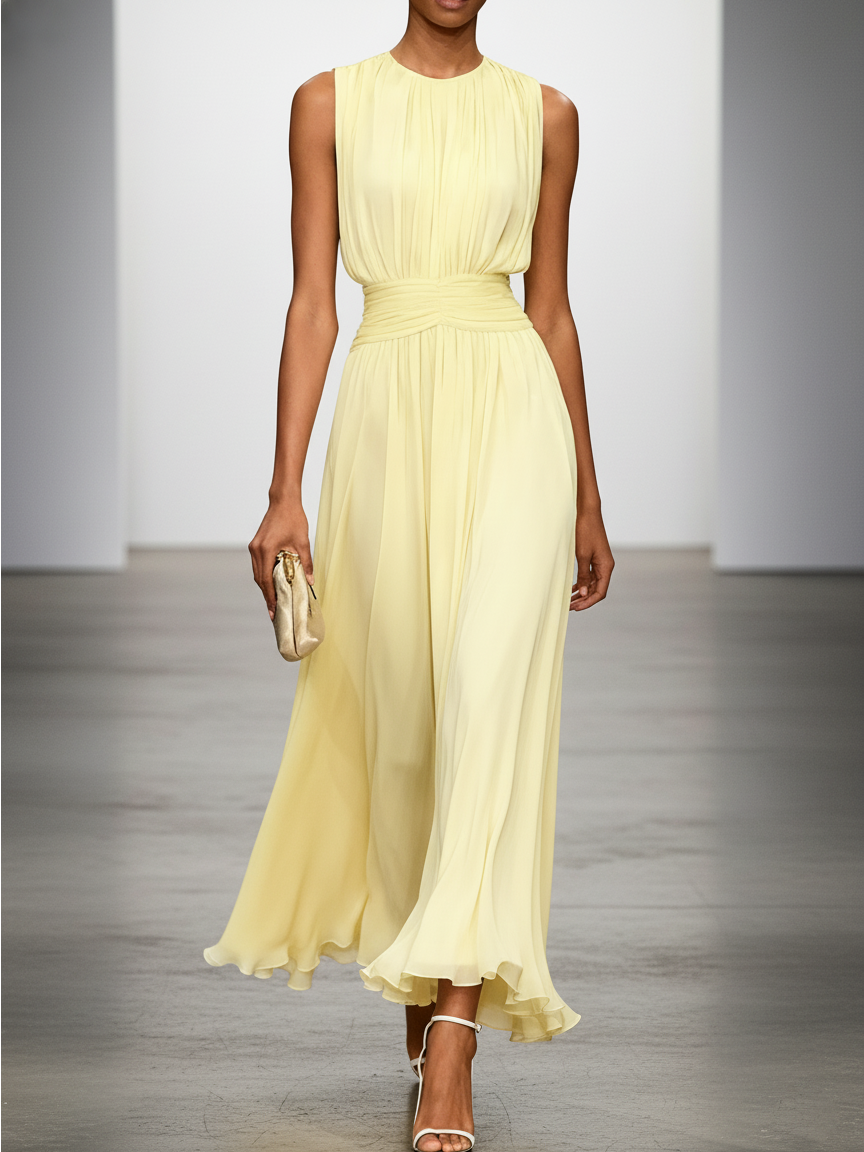 Delphine Light Chiffon Ruched A-Line Maxi Dress