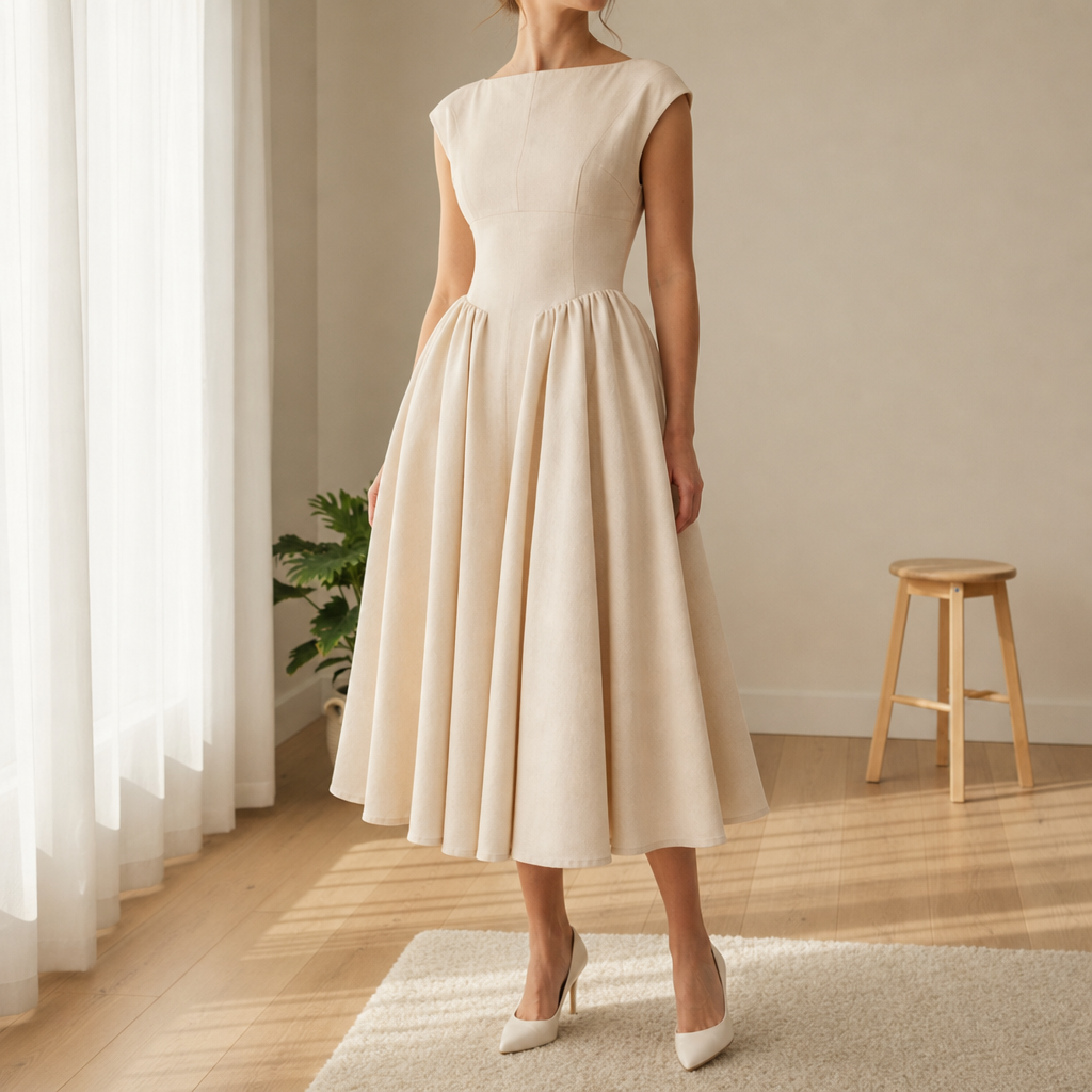 Livia Pleated A-Line Midi Dress with Boat Neck