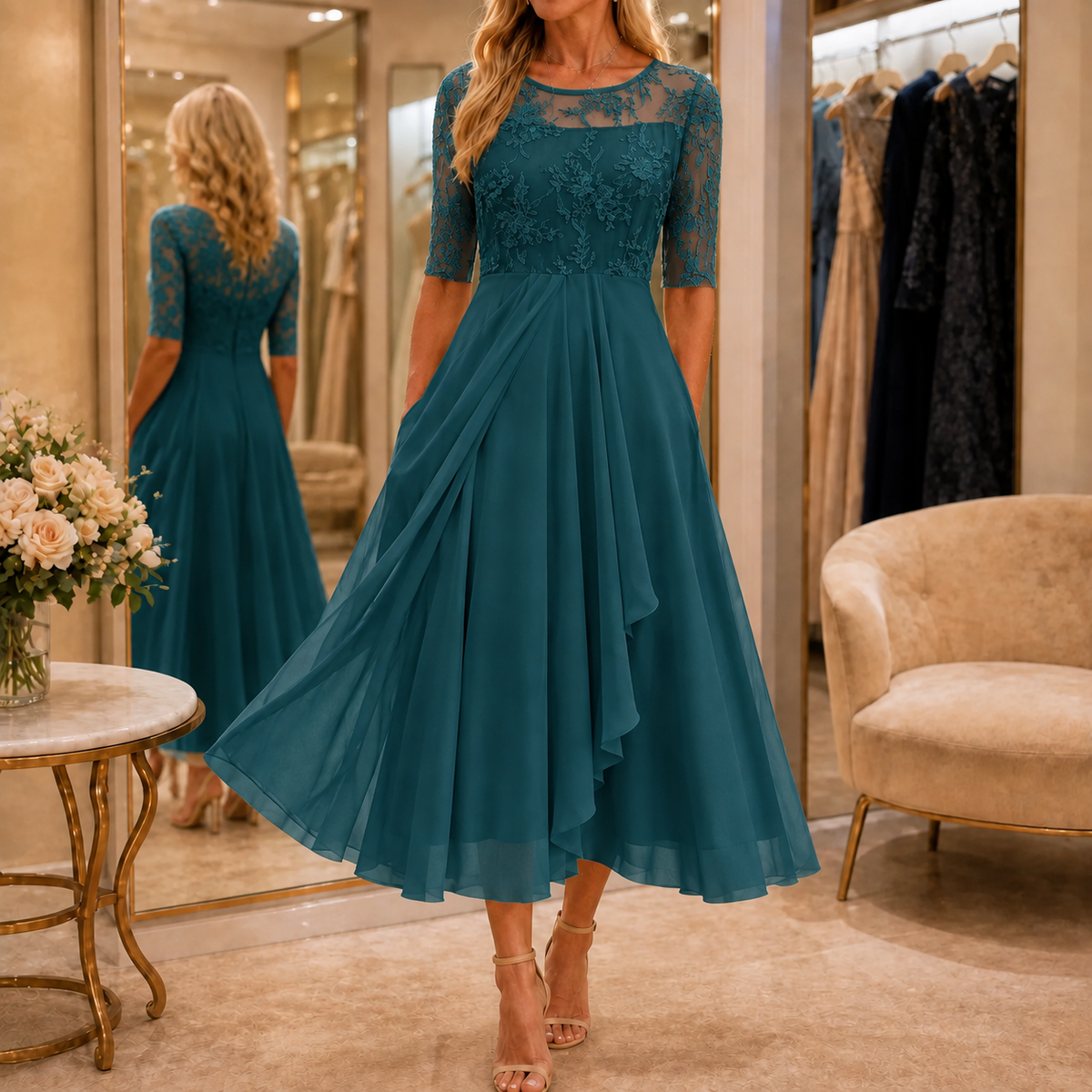 Amara Romantic Lace Bodice Midi Dress for Weddings