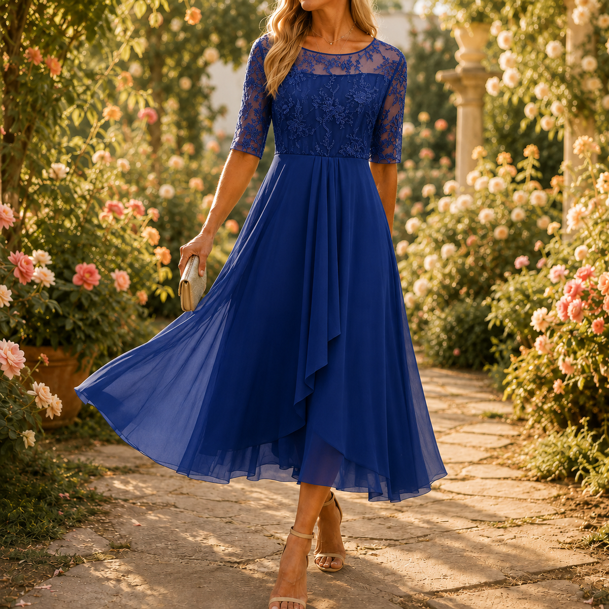 Amara Romantic Lace Bodice Midi Dress for Weddings