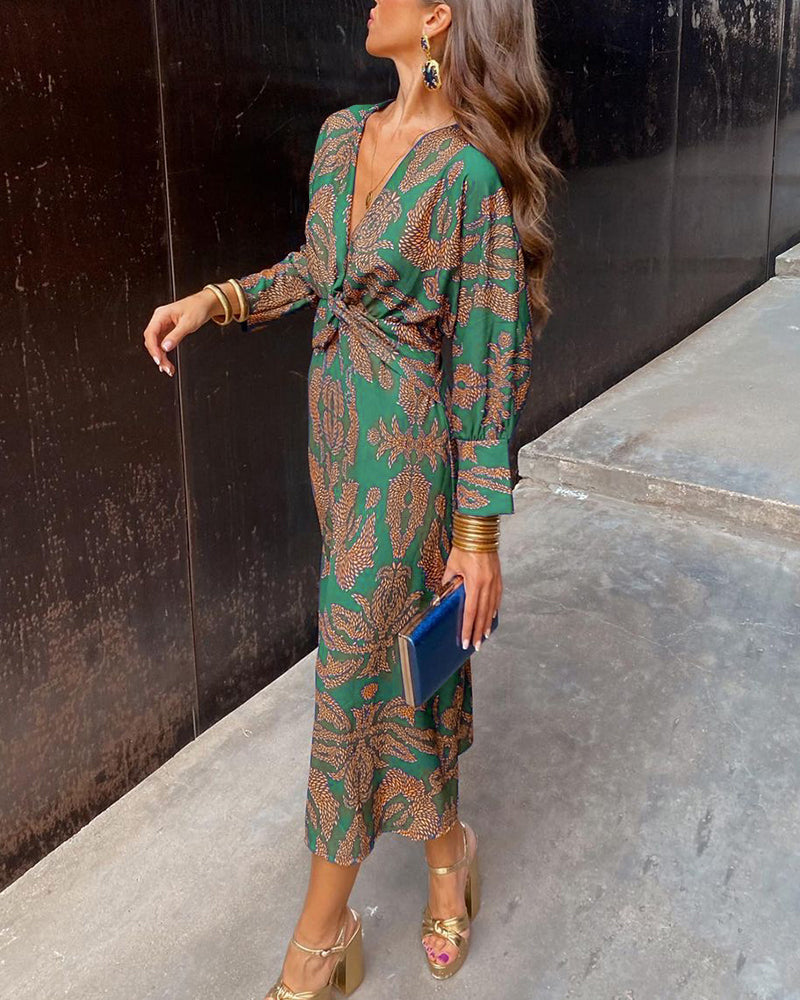 Viola Vintage Printed A-Line Midi Dress with Knot Detail