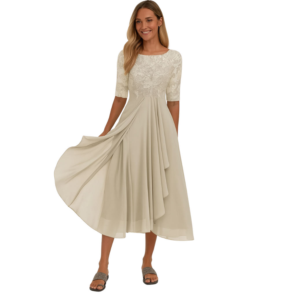 Elise Graceful Lace Bodice Midi Dress with Flowing Skirt