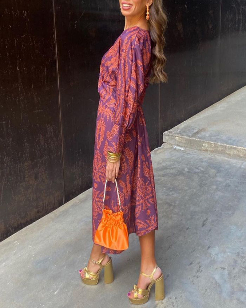 Viola Vintage Printed A-Line Midi Dress with Knot Detail