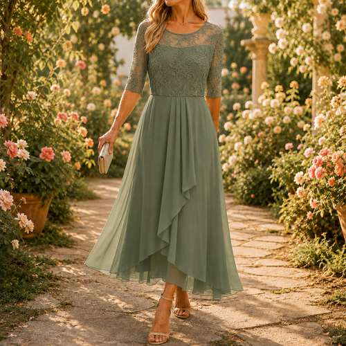 Amara Romantic Lace Bodice Midi Dress for Weddings