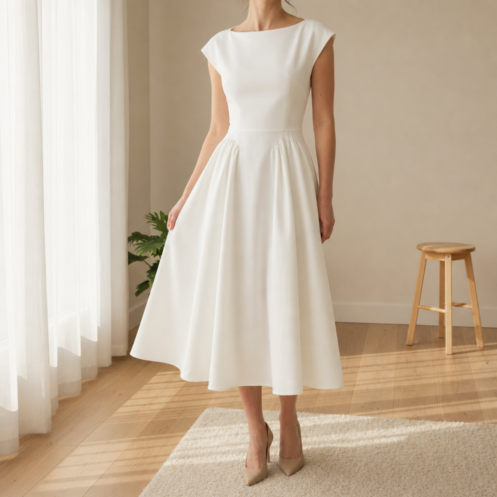 Livia Pleated A-Line Midi Dress with Boat Neck