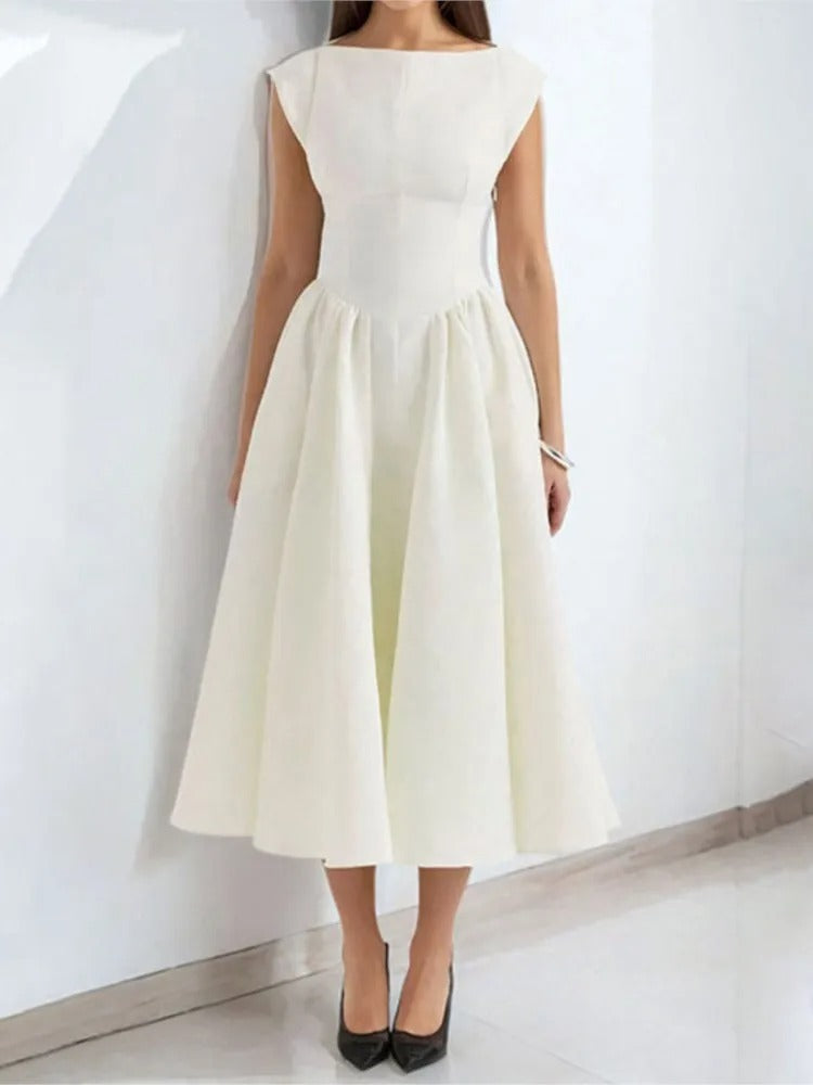 Audrey Classic Satin Full Skirt Midi Dress