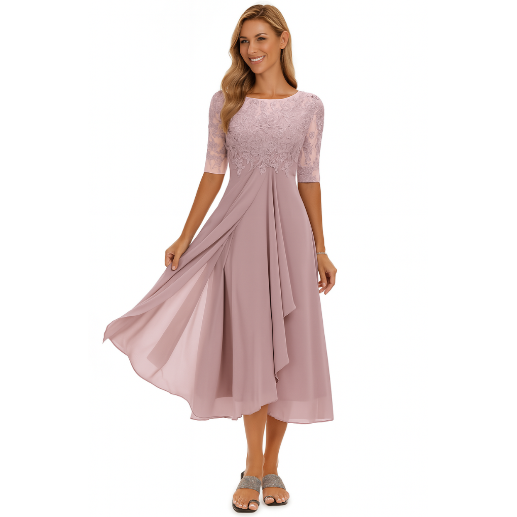 Elise Graceful Lace Bodice Midi Dress with Flowing Skirt
