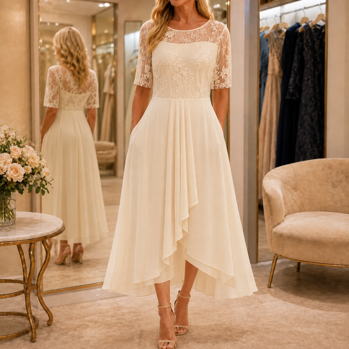 Amara Romantic Lace Bodice Midi Dress for Weddings