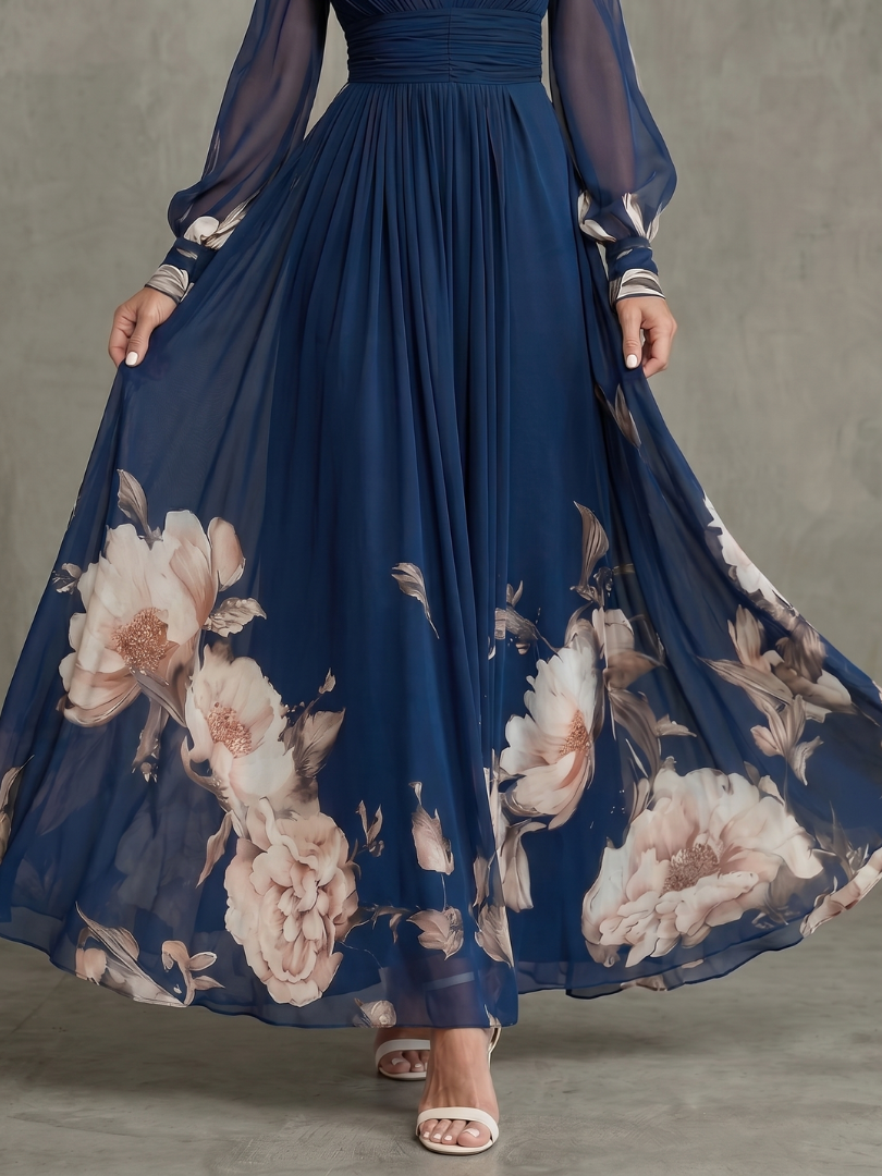 Clara Graceful Pleated Maxi Dress with Sheer Sleeves
