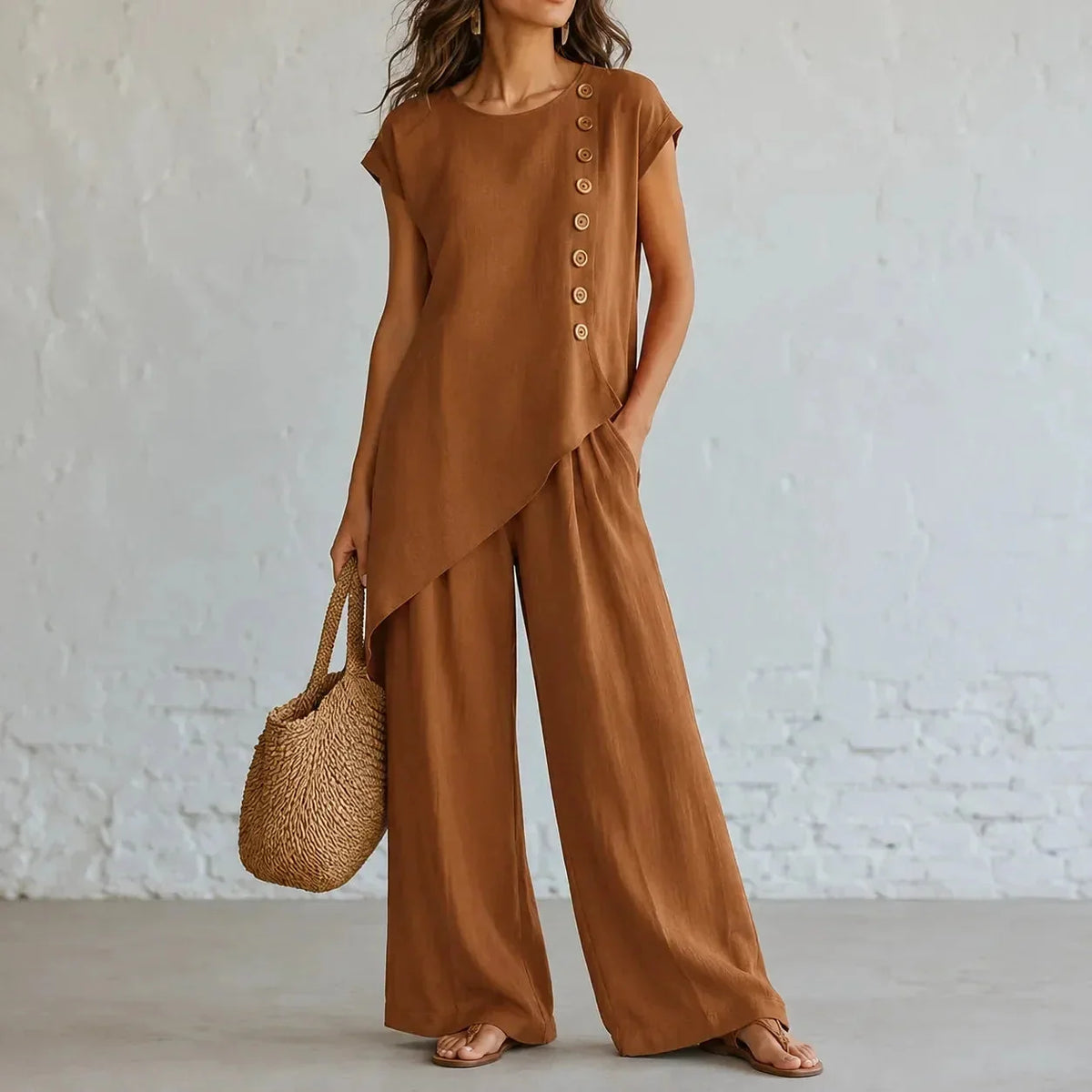Joelle Asymmetric Tunic and Wide Leg Linen Pants Set