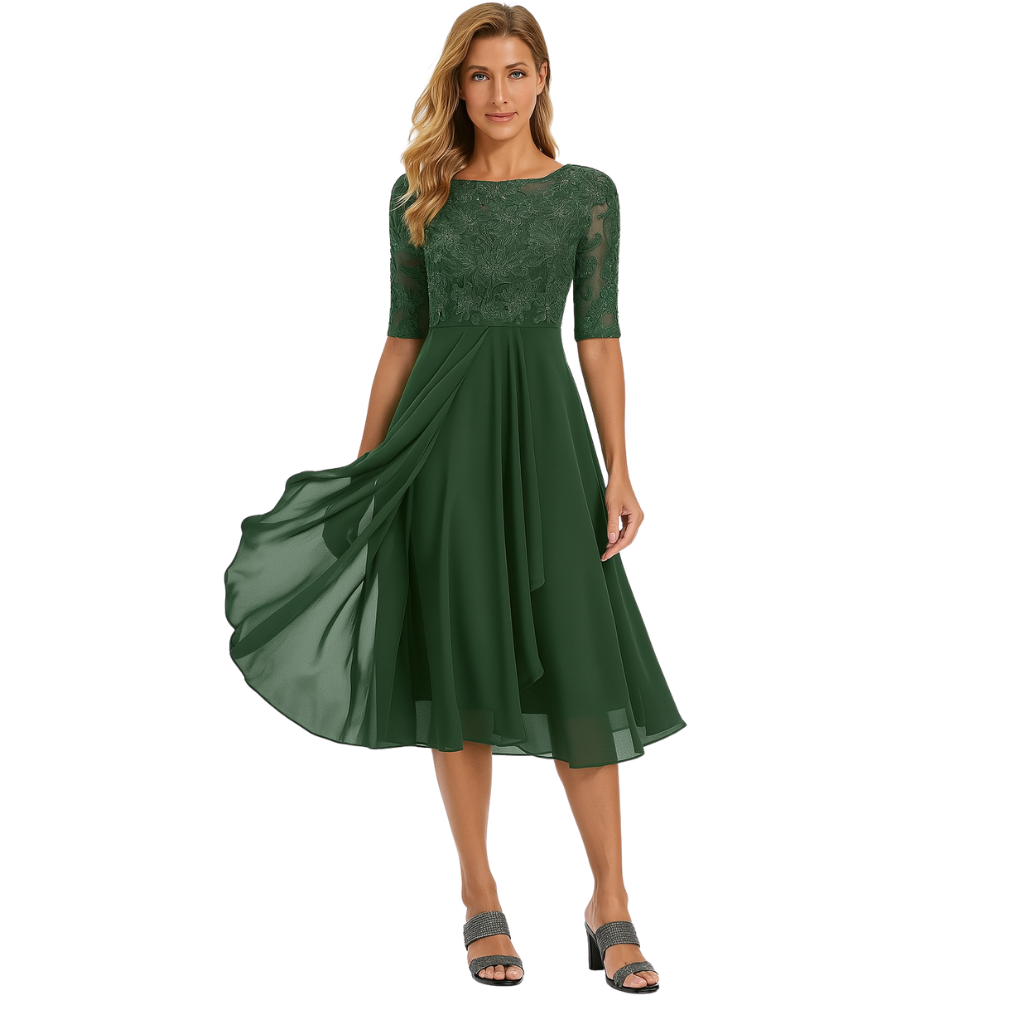 Elise Graceful Lace Bodice Midi Dress with Flowing Skirt
