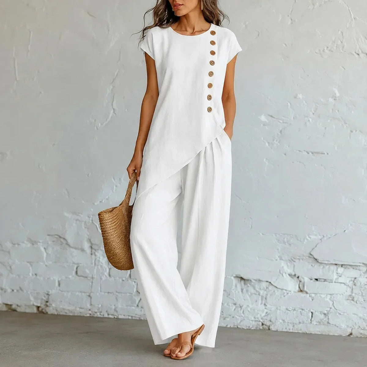 Joelle Asymmetric Tunic and Wide Leg Linen Pants Set