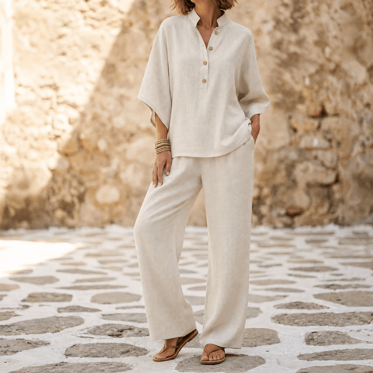 Liana Breezy Linen Batwing Tunic and Wide-Leg Pants Set