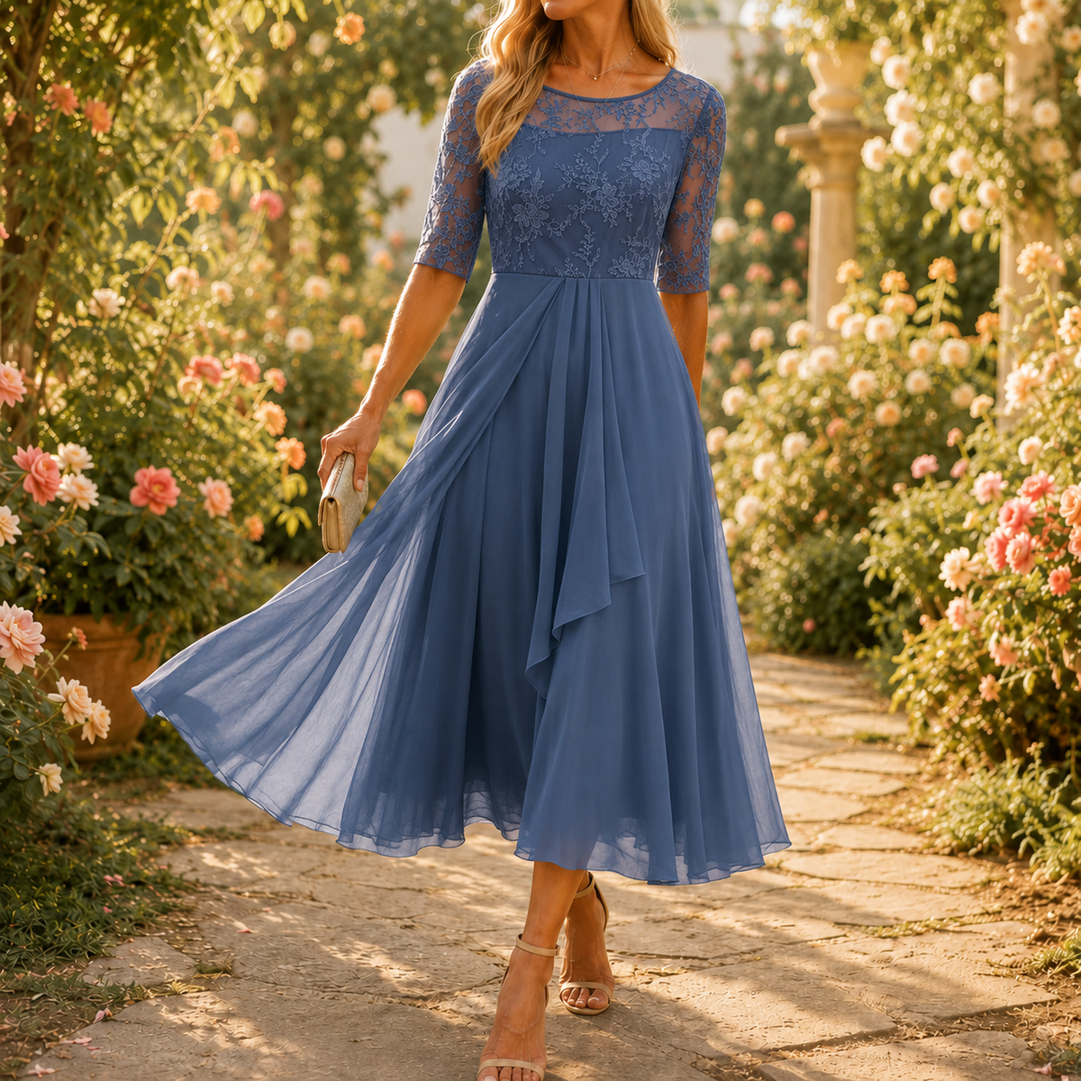 Amara Romantic Lace Bodice Midi Dress for Weddings