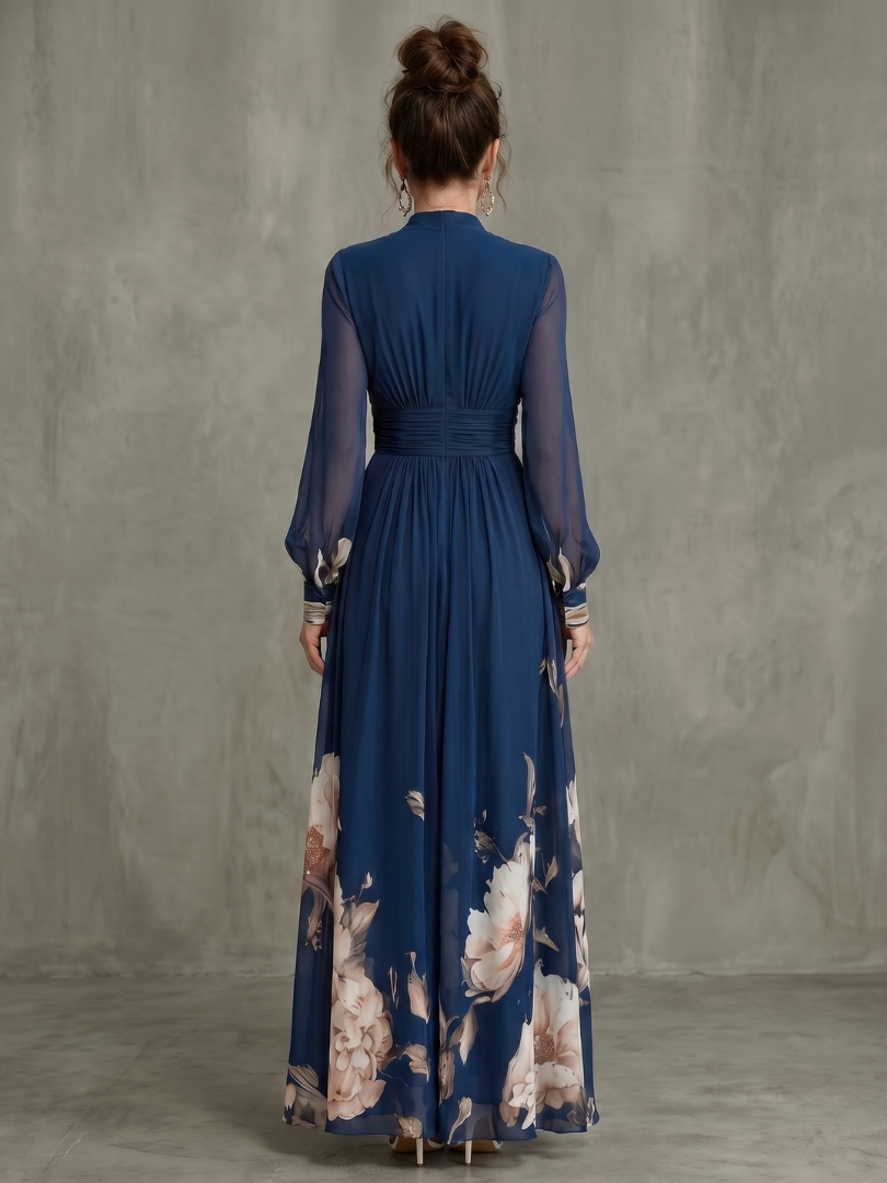 Clara Graceful Pleated Maxi Dress with Sheer Sleeves