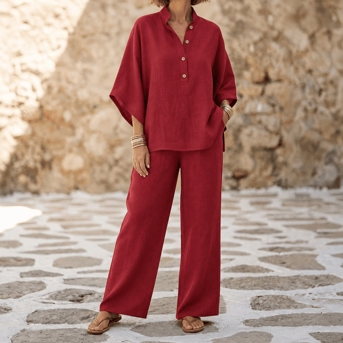 Liana Breezy Linen Batwing Tunic and Wide-Leg Pants Set