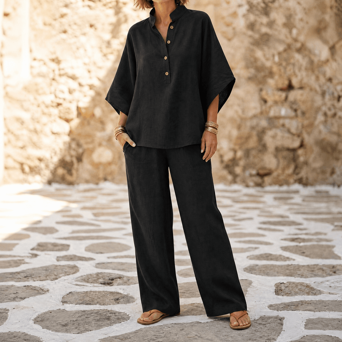 Liana Breezy Linen Batwing Tunic and Wide-Leg Pants Set