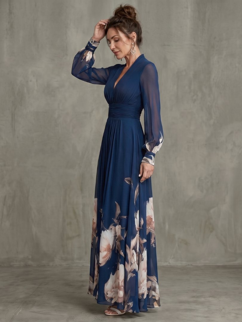Clara Graceful Pleated Maxi Dress with Sheer Sleeves