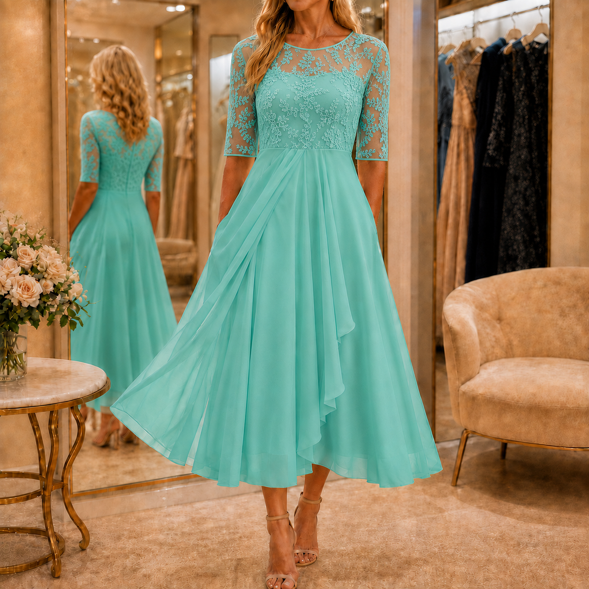 Amara Romantic Lace Bodice Midi Dress for Weddings