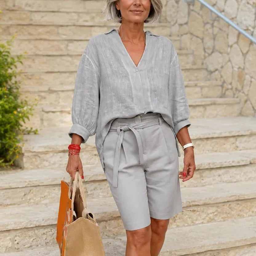 Elin V-Neck Top and Bermuda Shorts Linen Set
