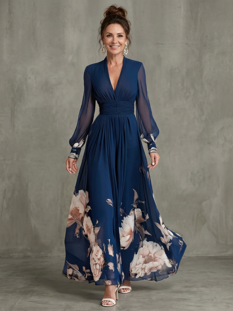 Clara Graceful Pleated Maxi Dress with Sheer Sleeves