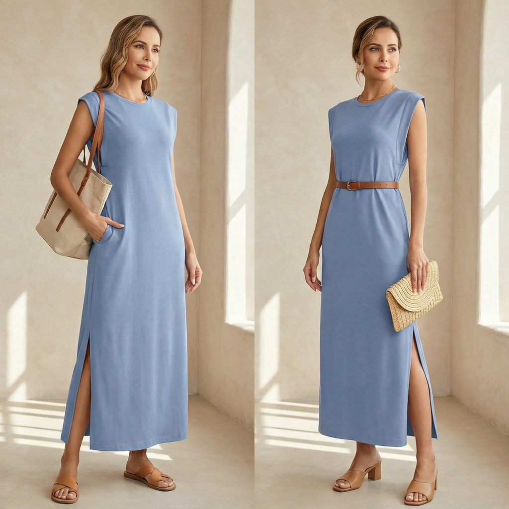 Talia Textured Crinkle Maxi Dress with Side Slit