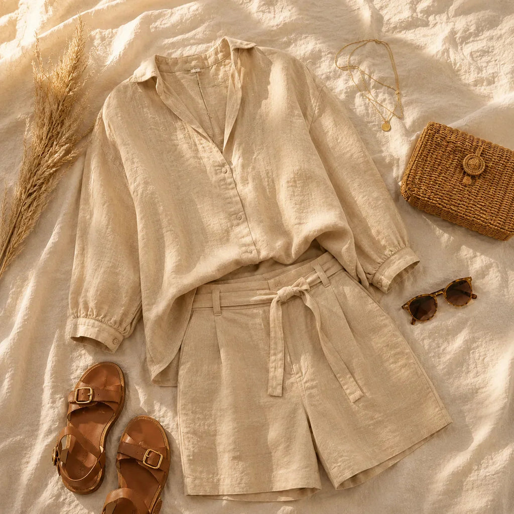 Elin V-Neck Top and Bermuda Shorts Linen Set