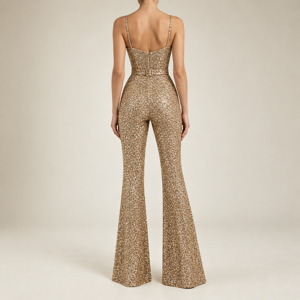 Gemma Golden Sequin Flare Jumpsuit