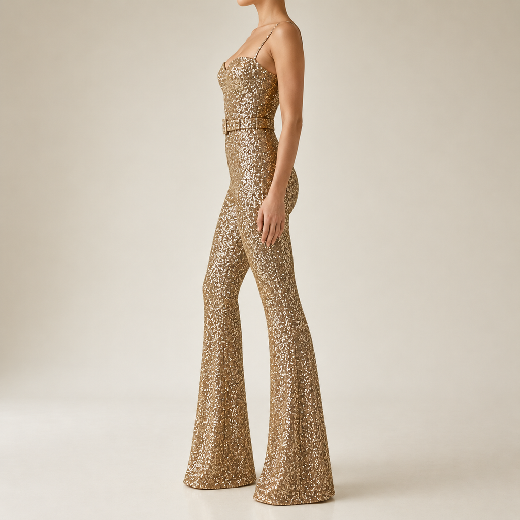 Gemma Golden Sequin Flare Jumpsuit