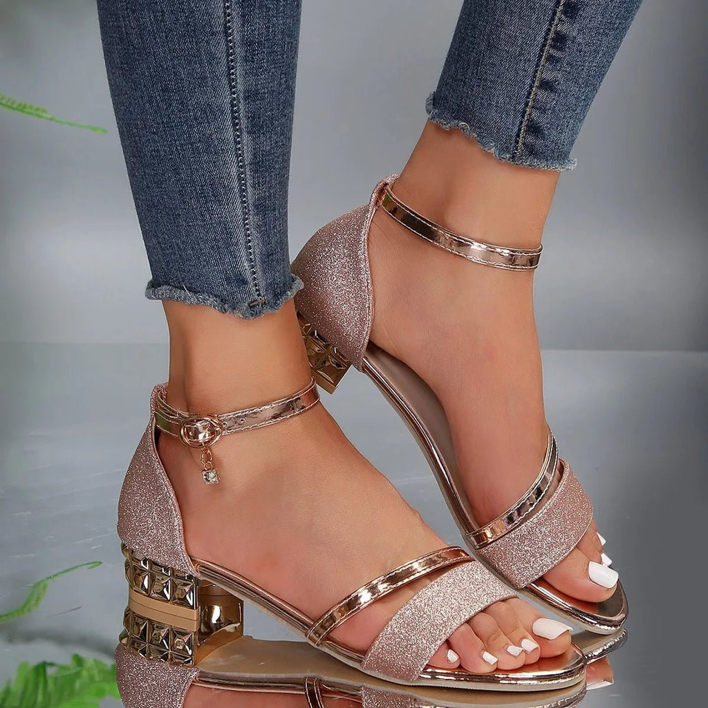 Lara Glitter Block Heel Ankle Strap Sandals