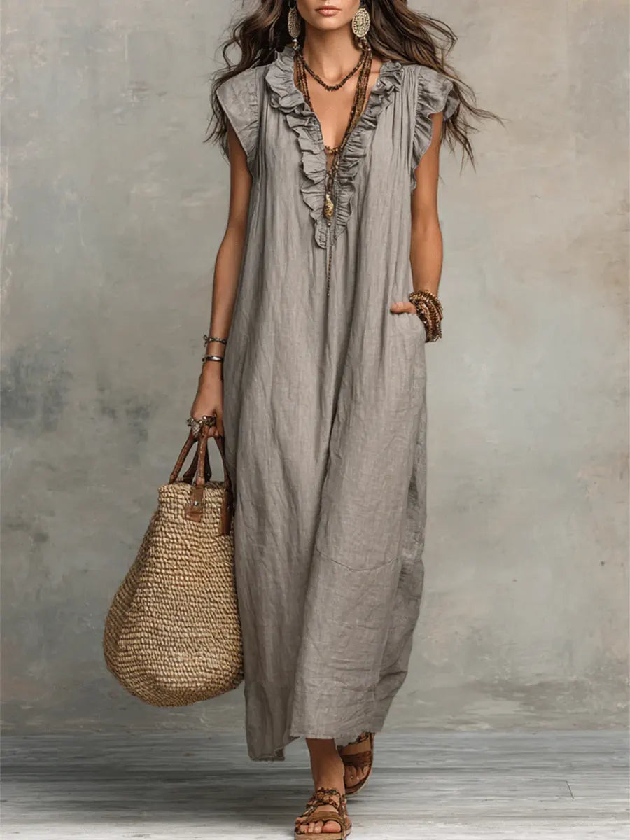 Thea Feminine Ruffle V-Neck Maxi Dress