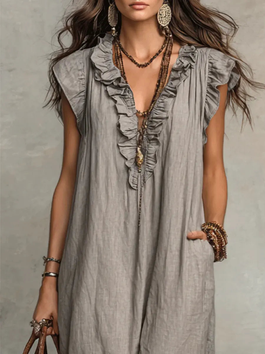 Thea Feminine Ruffle V-Neck Maxi Dress