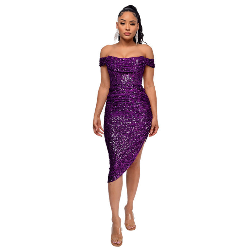 Celeste Shimmering Sequin Off-Shoulder Midi Dress