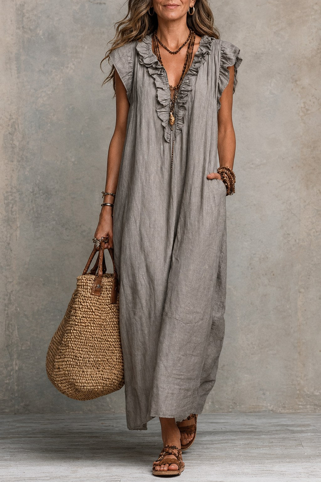 Thea Feminine Ruffle V-Neck Maxi Dress