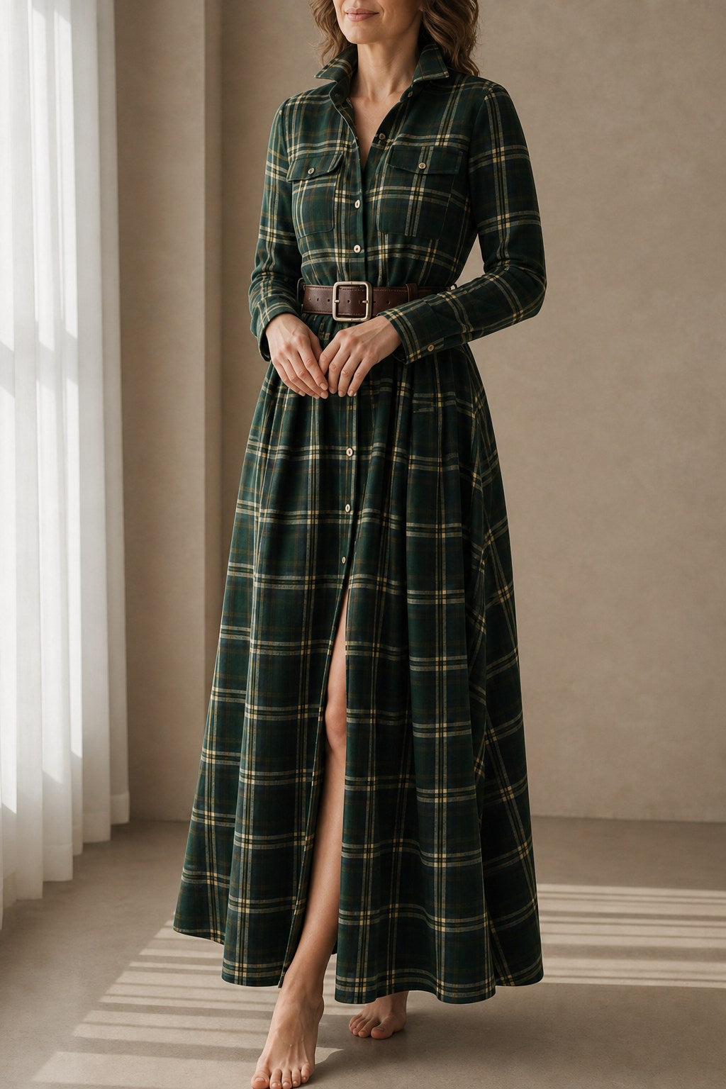 Hazel Classic Plaid Maxi Shirt Dress