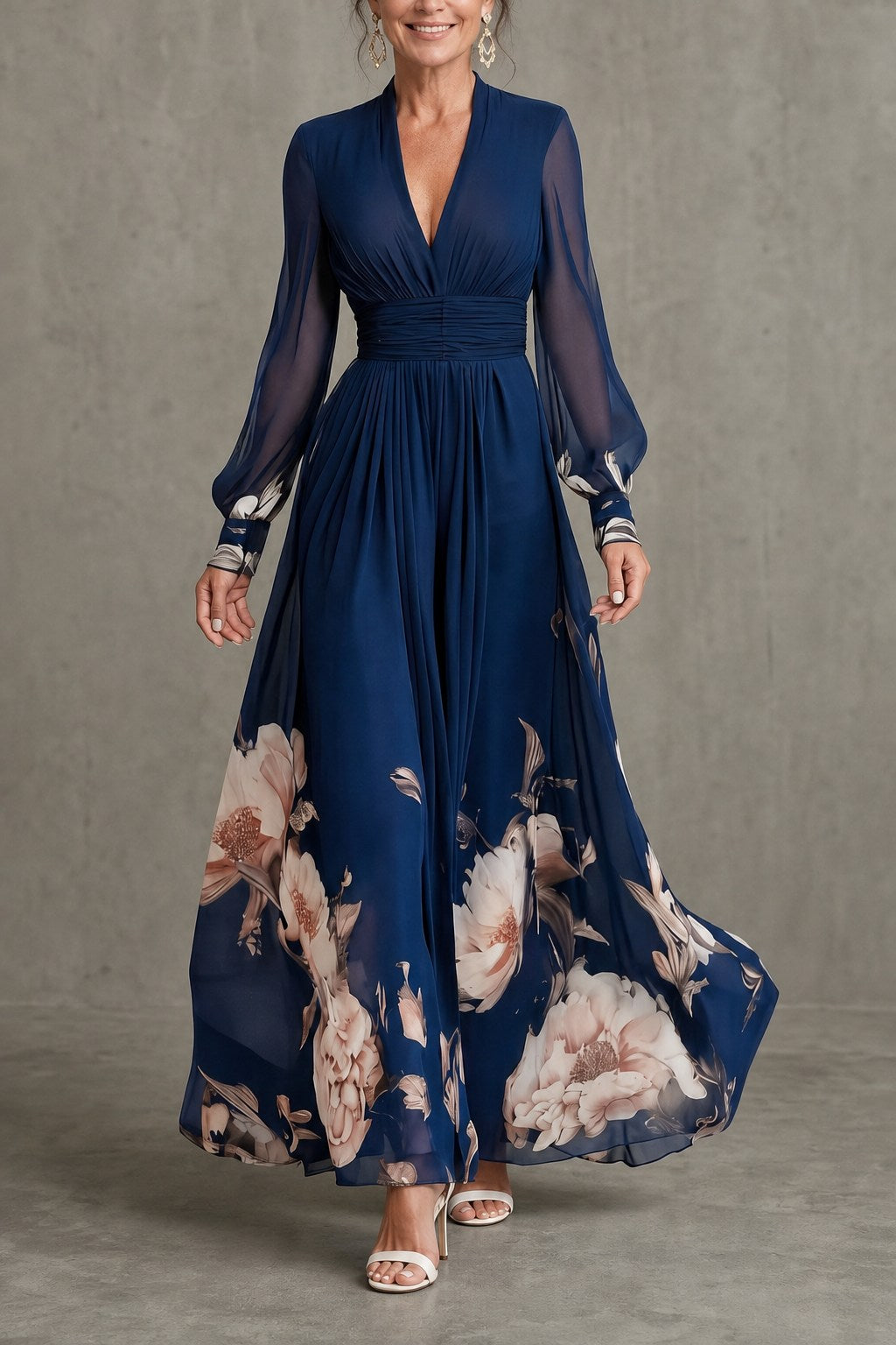 Clara Graceful Pleated Maxi Dress with Sheer Sleeves