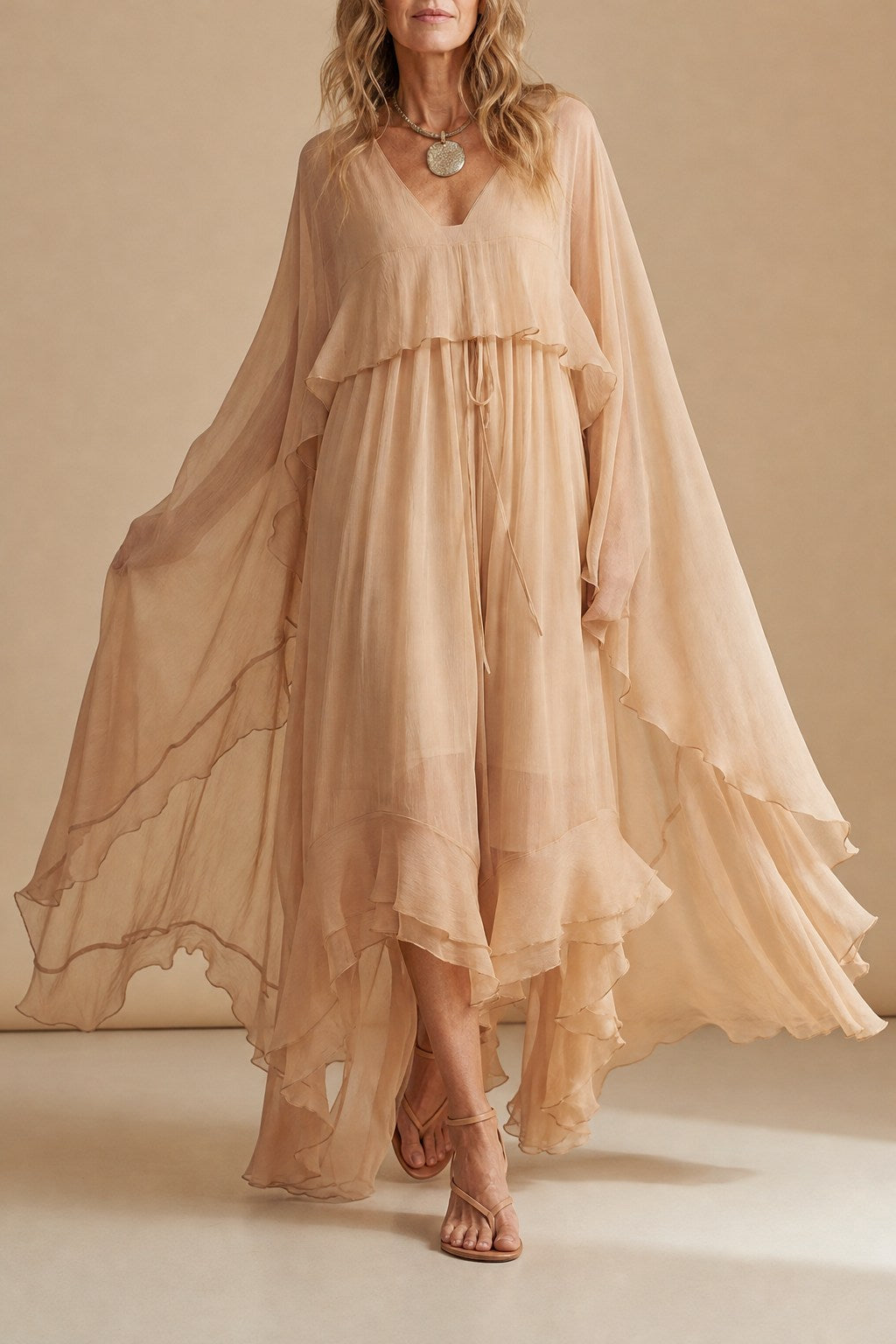 Coralie Airy Chiffon Cape Maxi Dress