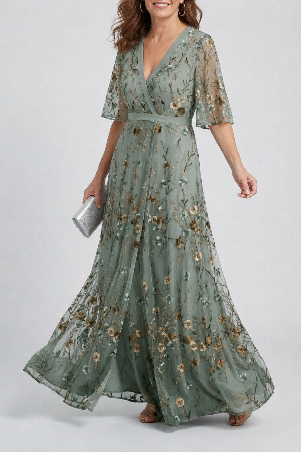 Willow Embroidered Floral Flutter Sleeve Maxi Dress