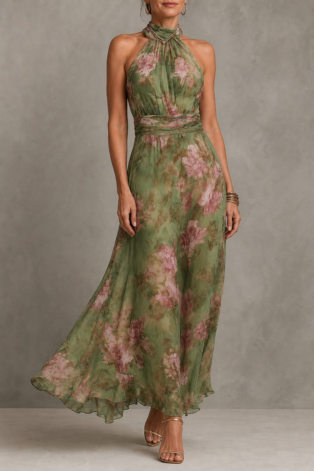 Calla Breezy Floral Halter Chiffon Maxi Dress