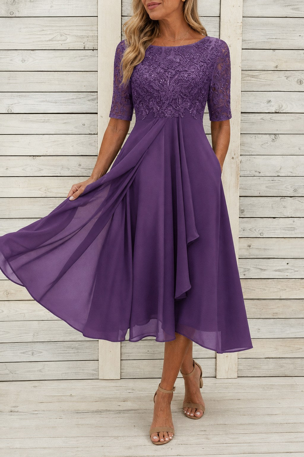 Esme Embroidered Mesh Bodice Flowing Midi Dress
